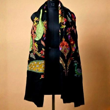 Kashmiri Black Woolen Cashmere Shawl with Hand Embroidered Birds